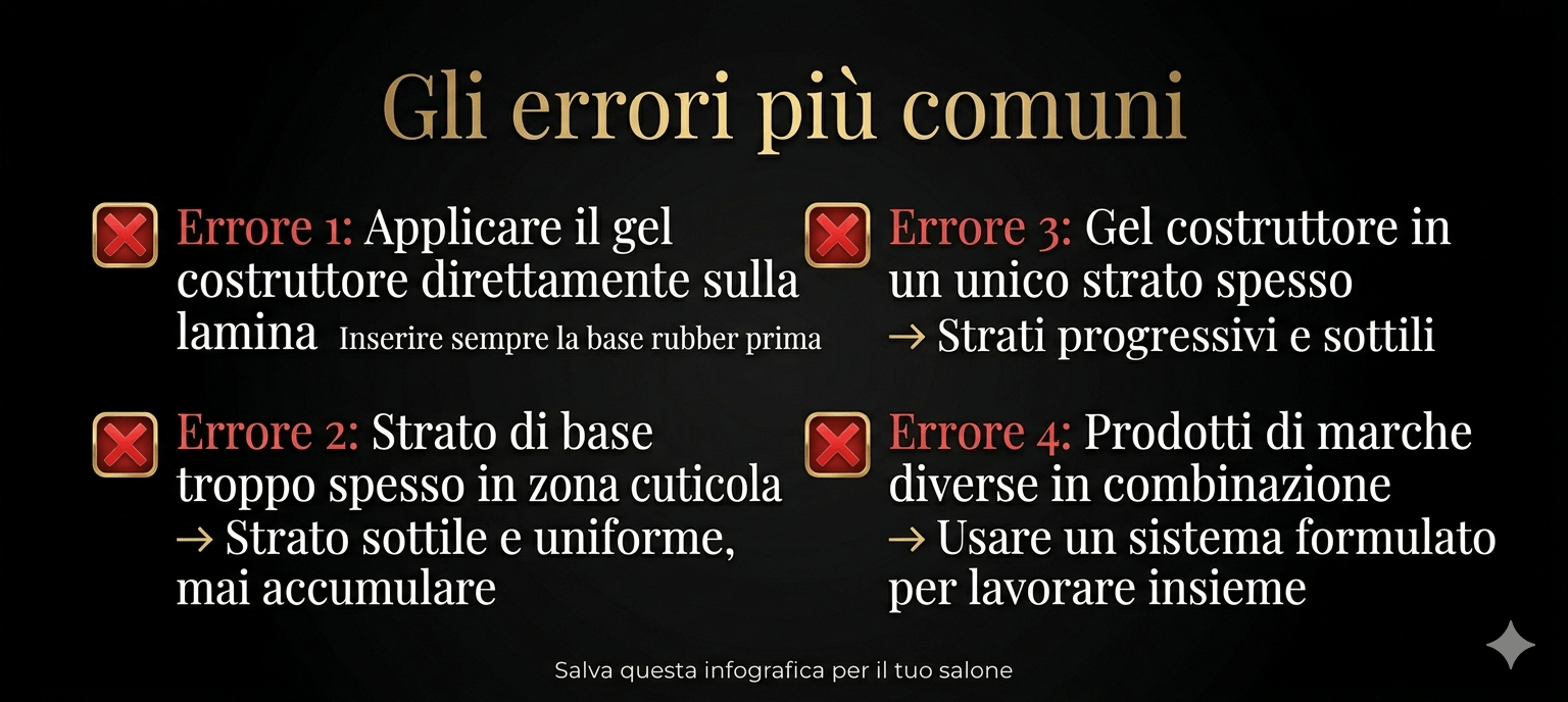 infografica errori comuni nell'applicazione del gel costruttore senza base rubber &mdash; guida Hony Nails
